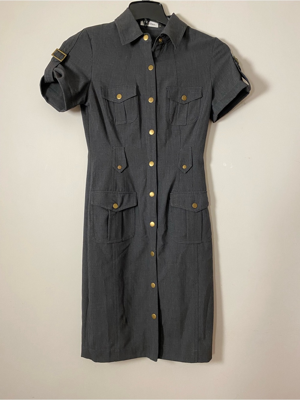 Calvin Klein Grey Utility Shirt Dress with Gold snap Button Detail